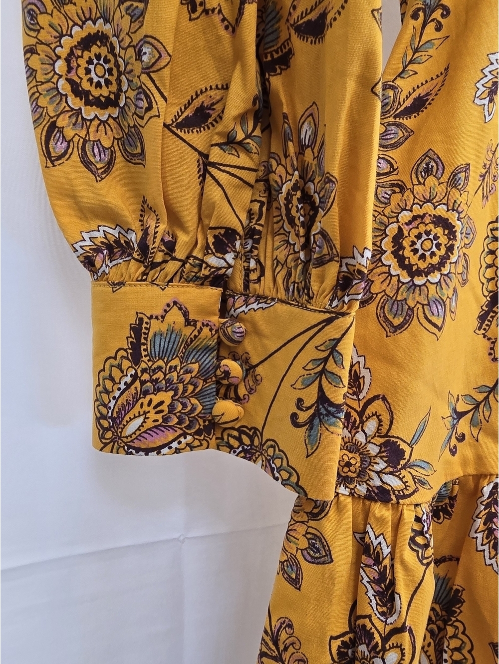 JustFab Floral Ruffle Mini Dress XL Mustard Yellow Smocked Waist NWT - Picture 5 of 7